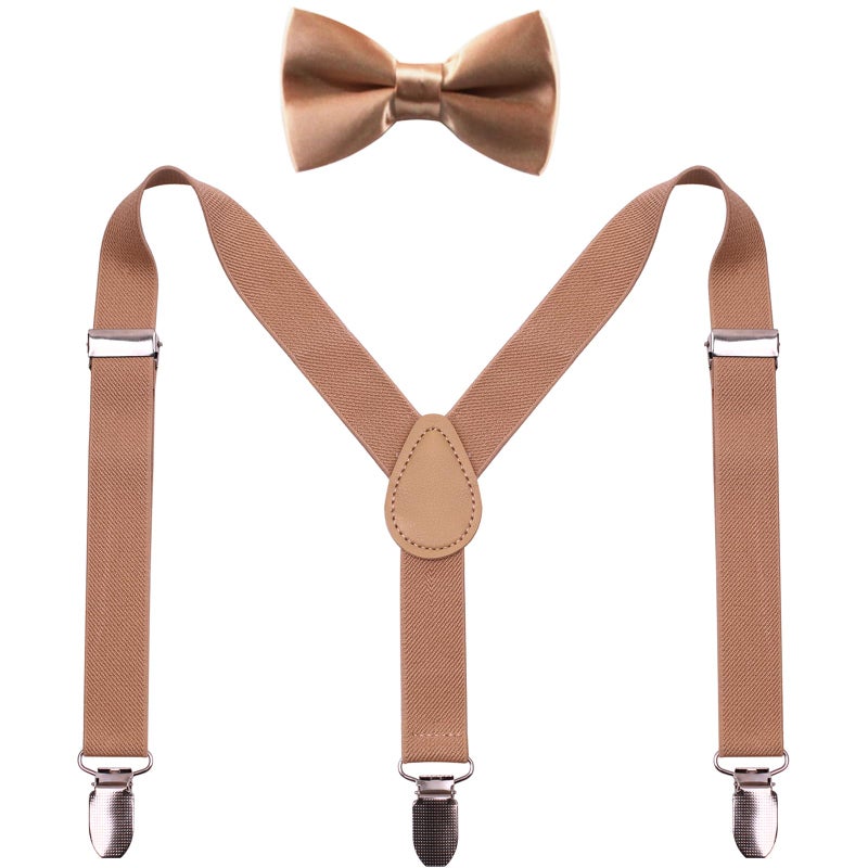 GUCHOL Kids Khaki Suspenders Bow Tie for Boys and Girls Adjustable Elastic Classic Accessory Sets Age 1 to 13 Year (Khaki, 26 INCH (1-5 Year) - Image 1